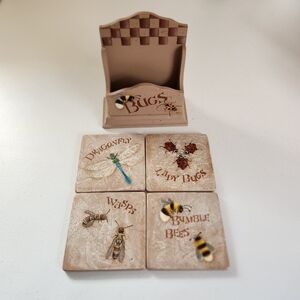 Vintage 1990s Hand Painted Wood Coasters Bees Dragonfly Lady Bugs Folk Art Set